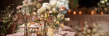 Banner wedding banquet table with flowers, food and candles in decorated hall.の写真素材