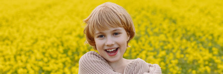 Banner smiling girl in oversized beige sweater hugging herself in yellow flower fieldの写真素材