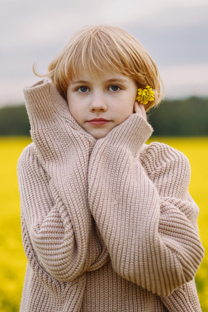 Blonde girl holding yellow flower near face in beige sweater, front viewの写真素材