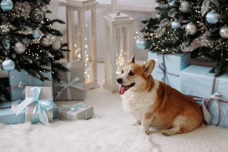 Corgi dog sitting among Christmas trees and blue gifts in bright white roomの写真素材