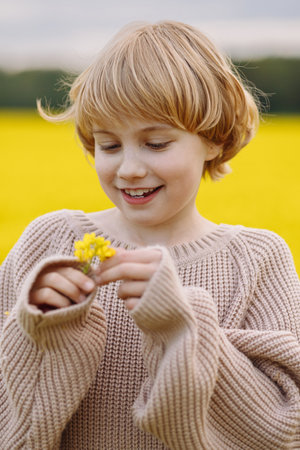 Smiling blonde girl in beige sweater holding yellow flower in blooming fieldの写真素材