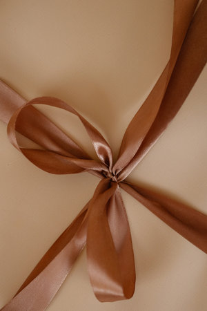 Brown satin ribbon bow on beige background