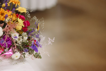 Colorful flower bouquet on table with copy spaceの写真素材