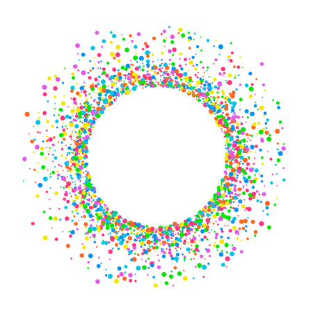 Round colored frame or border of random scatter of a splash of colored circles of confetti Design element for a festive banner, birthday card and postcard, wedding invitation. Vector illustrationのイラスト素材