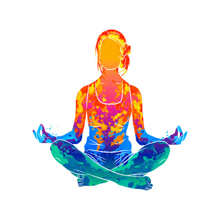 Abstract woman meditating from splash of watercolors. Lotus yoga pose Fitness. Vector illustration of paintsのイラスト素材