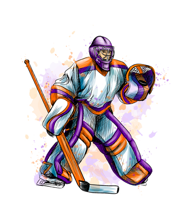 Abstract hockey goalkeeper from splash of watercolors. Hand drawn sketch. Winter sportのイラスト素材