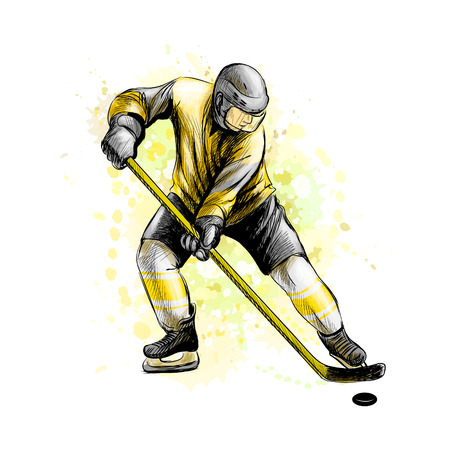Abstract hockey player from splash of watercolors. Hand drawn sketch. Winter sport. Vector illustration of paintsのイラスト素材