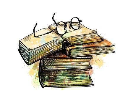 Eyeglasses on top stack books and open book from a splash of watercolor, hand drawn sketch. Vector illustration of paintsのイラスト素材
