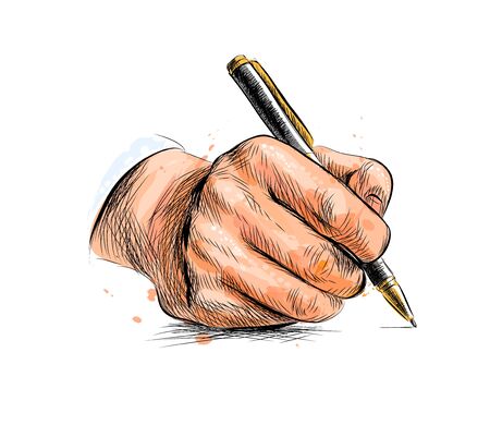 Male hand with pen from a splash of watercolorのイラスト素材