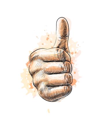Hand showing symbol Like. Making thumb up gesture from a splash of watercolor, hand drawn sketch. Vector illustration of paintsのイラスト素材