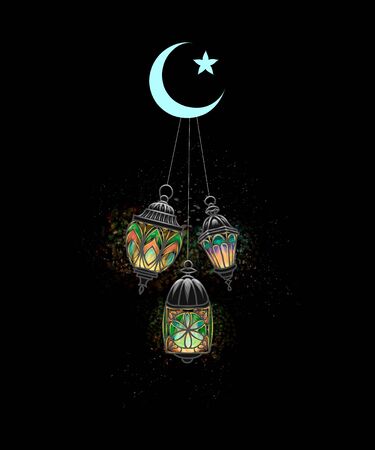 Eid Mubarak celebration. Islam, Lantern Fanus. The Muslim feast of the holy month of Ramadan Kareem. Illuminated arabic lamp. Vector illustrationのイラスト素材