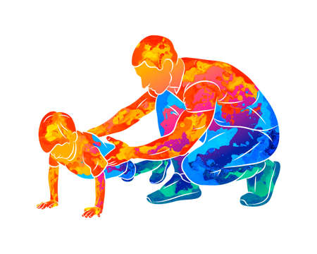 Abstract trainer helps a young boy do push-UPS from the floor. Physical education classes. Children Fitnessのイラスト素材