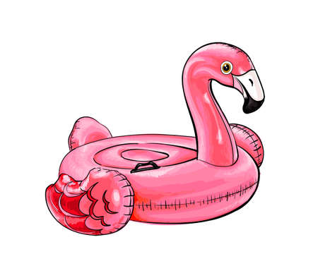 Summer Swimming Pool Inflantable Rubber Pink Flamingo Toy from a splash of watercolor, colored drawing, realisticのイラスト素材