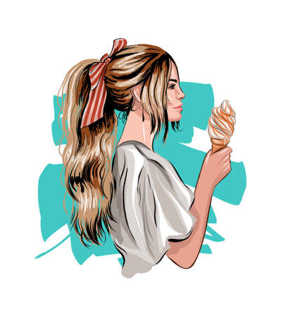 Beautiful young woman with ice cream, colored drawing, realisticのイラスト素材