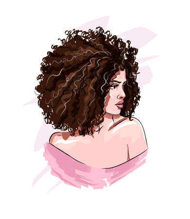 Beautiful young woman with curly hair.のイラスト素材