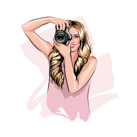 Beautiful young woman photographer taking pictures, colored drawing, realisticのイラスト素材