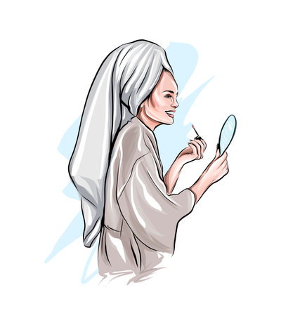 Young woman makes makeup, Beautiful girl with a bath towel on her head paints her lips, colored drawing, realisticのイラスト素材