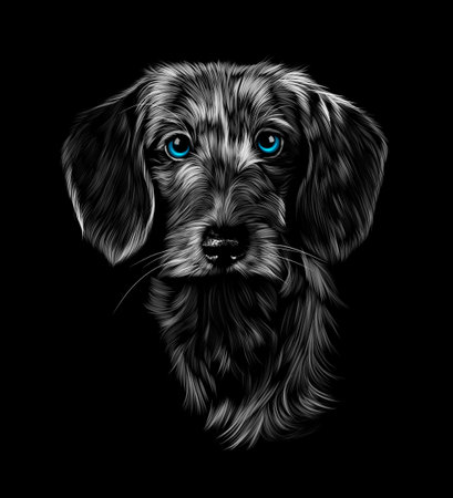 Head portrait of wire haired dachshund on black backgroundのイラスト素材