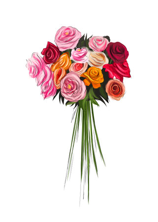 Bouquet of beautiful red roses, color drawing, realisticのイラスト素材