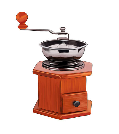 Vintage manual coffee grinder from multicolored paints. Splash of watercolor, colored drawing, realisticのイラスト素材