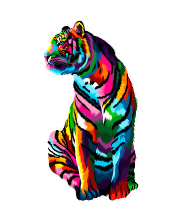 Tiger sitting from multicolored paints. Splash of watercolor, colored drawing, realisticのイラスト素材