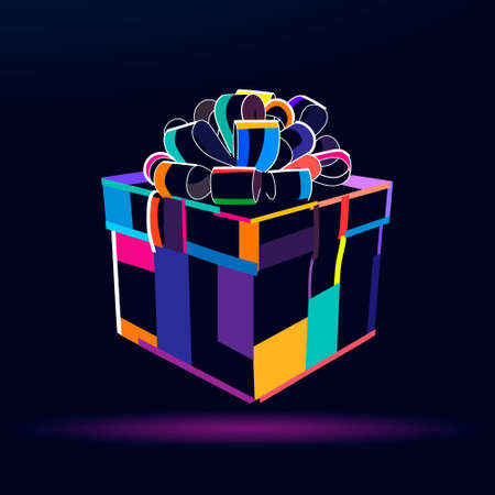 Abstract gift box with bow from multicolored paints. Colored drawingのイラスト素材