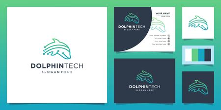 illustration of dolphin logo on the theme of technology. the dolphin technology logo. Design logos, icons and business cards. Premium vector.のイラスト素材