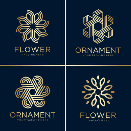 Golden flower and ornament logo collection, line art, gold, beauty, decoration, icon Premium Vectorのイラスト素材