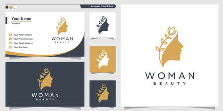 Woman logo with beauty line art style and business card design, vector, flower, modern, Premium Vectorのイラスト素材