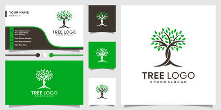 Tree logo with modern creative concept and business card design template Premium Vectorのイラスト素材