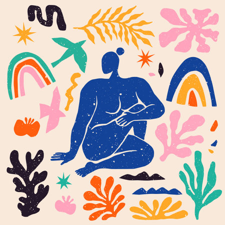 Hand drawn vector abstract graphic illustration in Matisse Style with meditating woman in lotus position, coral, rainbow, starfish and other elements isolated over beige backgroundのイラスト素材