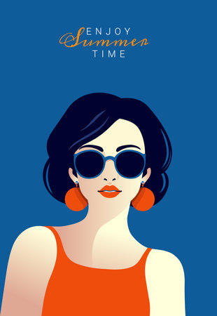 Beautiful girl in sunglasses. Vector illustration on a blue background.のイラスト素材
