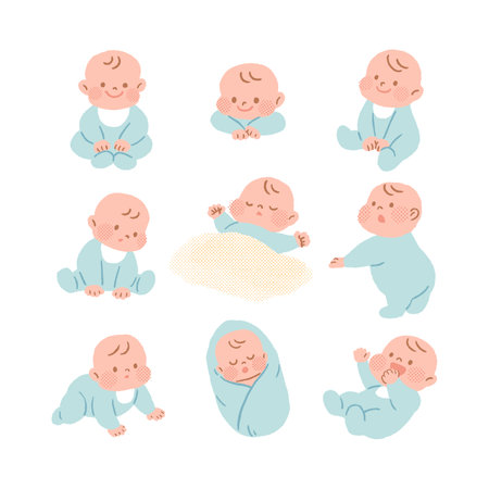 Cute little baby boy in different poses and expressions. Vector illustrationのイラスト素材