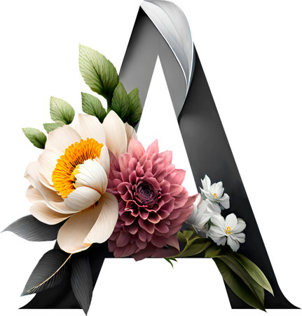 letter A with flowers isolated on white background. 3d illustration.の素材