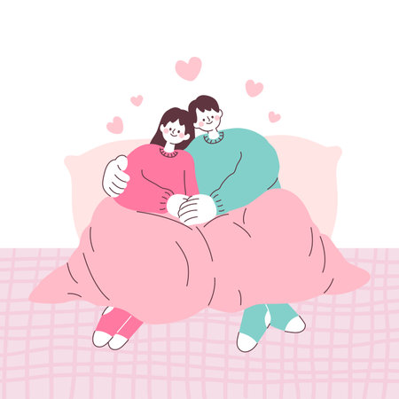 Couple in love sitting on the bed. Vector illustration in flat style. Valentine's Day Couple Covered with a Blanket Togetherのイラスト素材