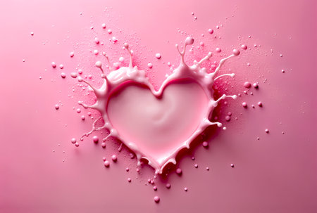 Heart shape made of pink paint splashes on a pink background.の素材