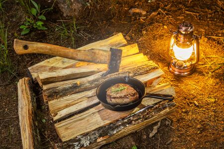 Thickly sliced steak thick slice of steak to enjoy outdoorsの写真素材