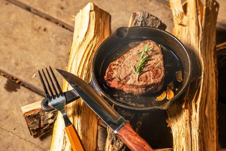 Thickly sliced steak thick slice of steak to enjoy outdoorsの写真素材