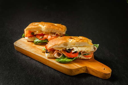 Sandwich with Italian flat bread (Focaccia)の写真素材