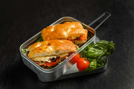 Sandwich with Italian flat bread (Focaccia)の写真素材