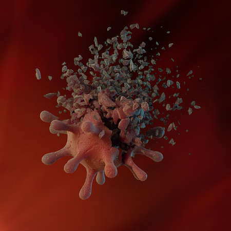 A coronavirus fragmentation with red backgroundの写真素材