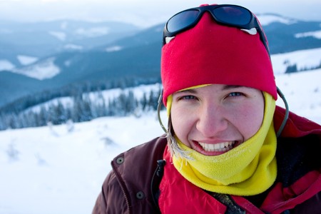 Hiker are in winter in mountainsの写真素材