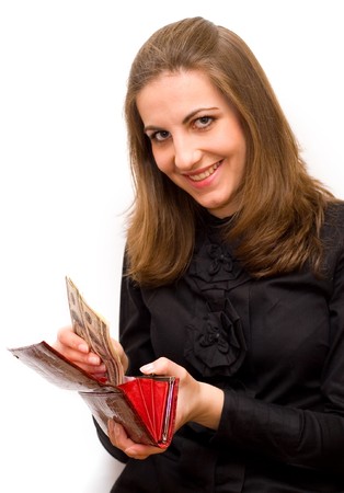 Beautiful business woman holding money and smiling