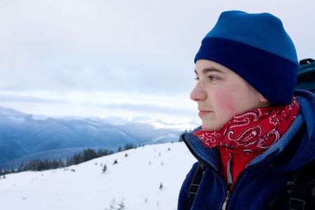 Hiker are in winter in mountains