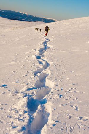 Hiker in winter in mountainsの写真素材