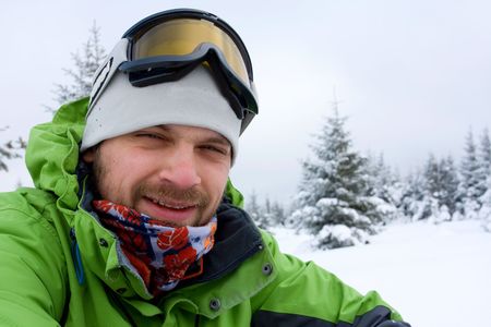 Hiker are in winter in mountainsの写真素材