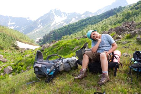 Hiker in Caucasus mountainsの写真素材