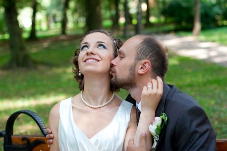 Happy bride and groom on their wedding dayの写真素材