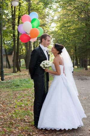 Happy bride and groom on their wedding dayの写真素材