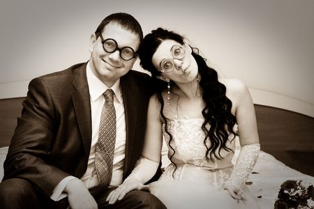 Happy bride and groom on their wedding dayの写真素材